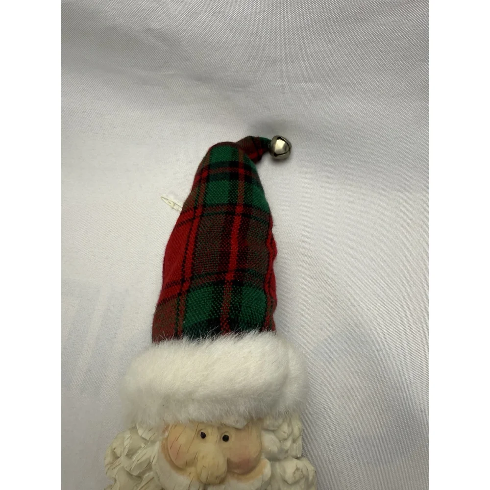 Santa Claus Face Christmas Ornament Resin Plaid Hat w/ Bell 11” Vintage? Holiday